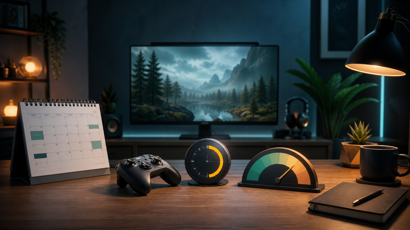 Organized gaming setup with calendar, timer and personal limit gauge